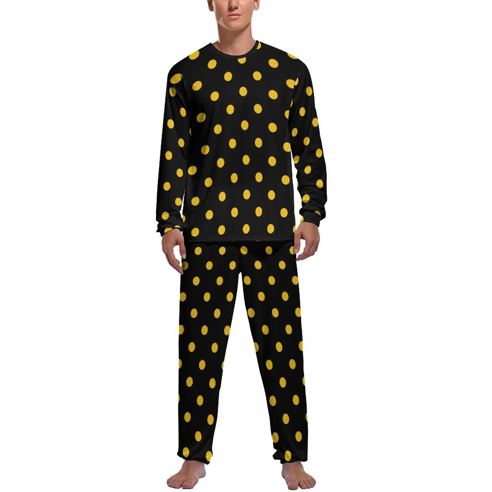 Gold Dot Print Pajamas Classic Polka Dots Male Long Sleeve Elegant Pajama Sets Two Piece Night Spring Nightwear Birthday Present