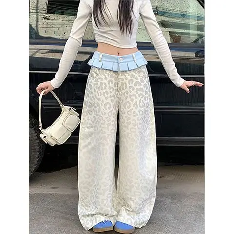 Retro Small Skirt Splicing Casual Pants for Women 2025 New Color Contrast Leopard Pattern Loose Wide Leg Pants