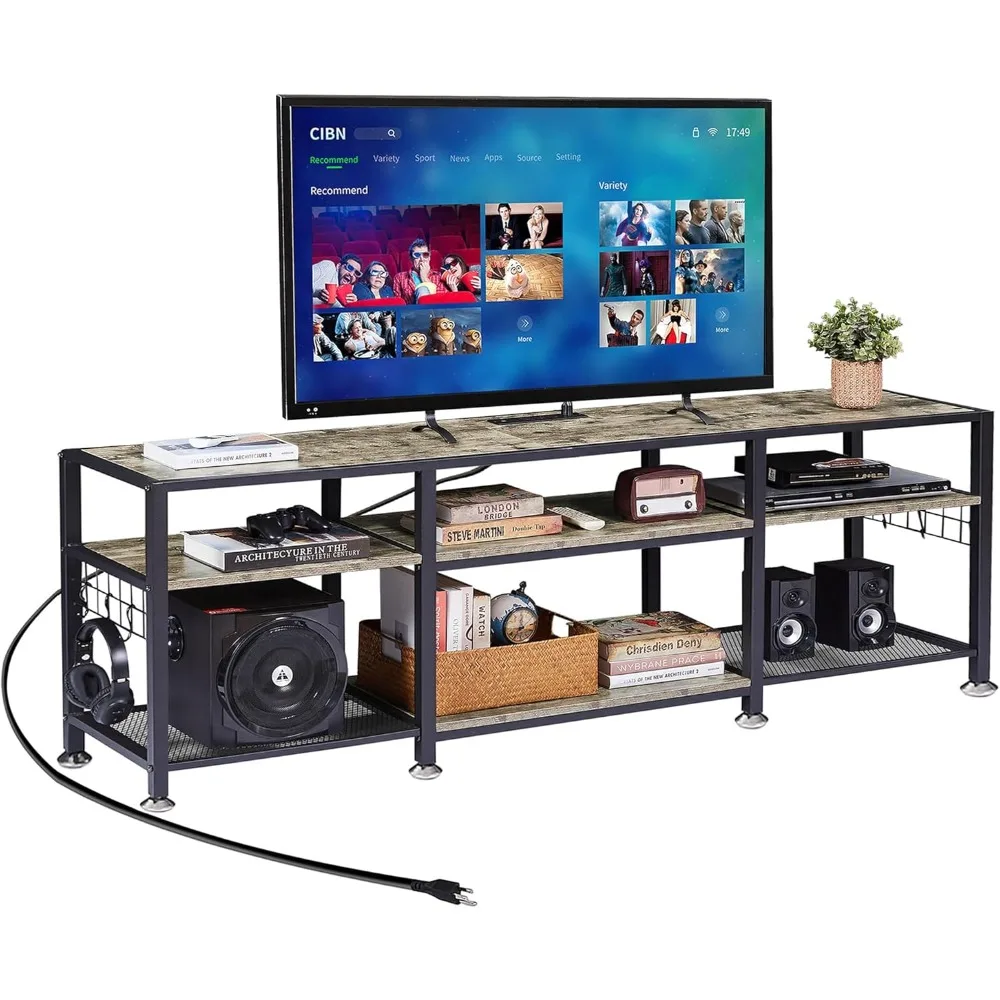 

70" TV Stand with Power Outlets for 65/70/75 Inch Television, Entertainment Center with Storage Shelves & Hooks, 3-Tier W