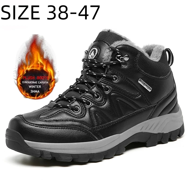 

Men's Boots Winter Men Warm Plush Snow Boots Waterproof Ankle Boots Leather Outdoor Men Walking Sneakers Big Size 38-47