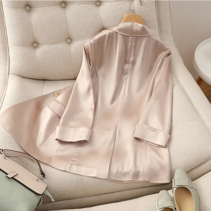 Champagne color Triacetic Acid fabric women blazers Small Suits coat Slim Fitting Waist Closing Silk Satin Suits Thin Coats