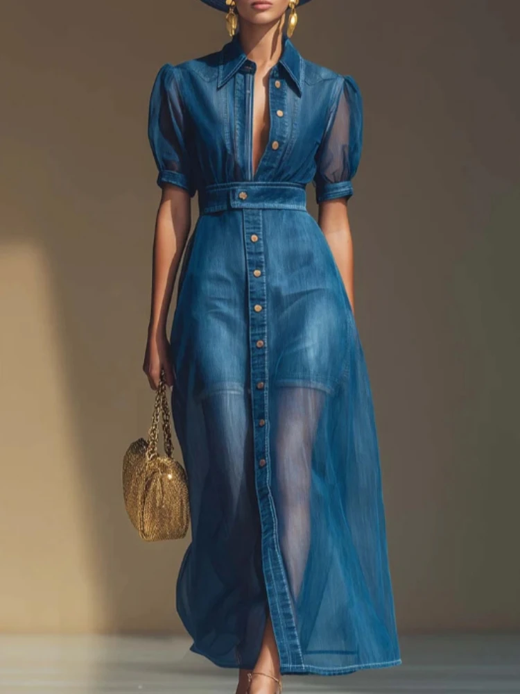 Damen Jeans-Maxikleid mit Transparentem Netzstoff Kurze Ärmel Umlegekragen Einreihig Gürtel Organza-Saum Lässiges Elegantes Hemdkleid