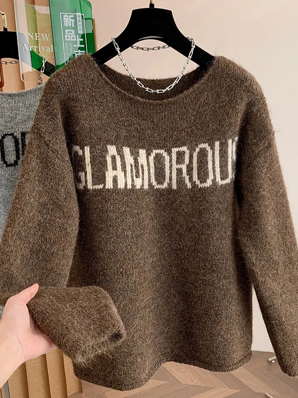 Coreano sle oversized camisola de malha feminina tamanho grande casual oulder impressão topo coreano japonês high end laid-ba humor