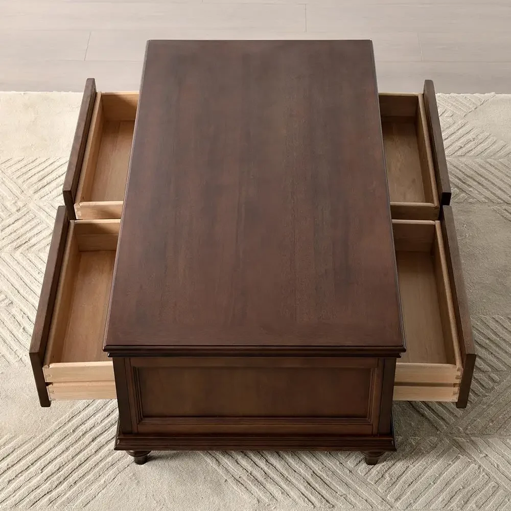 アメリカンカントリー風無垢材コーヒーテーブル、リビングルーム用の古いノスタルジックなアンティークデザイナー製引き出し付きコーヒーテーブル