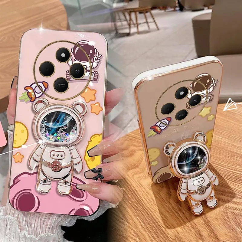 14 C Cheering Astronauts Plating Phone Holder Case For Xiaomi Redmi 14C 12C 13 10C 10 13C 12 10A A3 A1 Turbo3 9 9T 9A 8 8A Cover