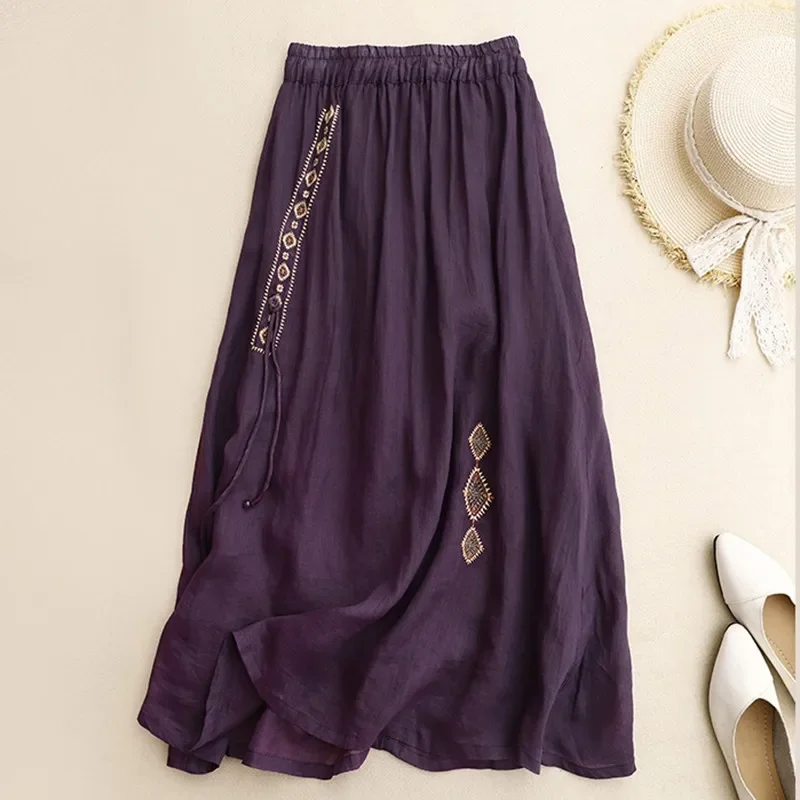 

Women Casual Skirt New Arrival 2024 Summer Vintage Style Embroidery Elastic Waist Loose Female A-line Long Skirts