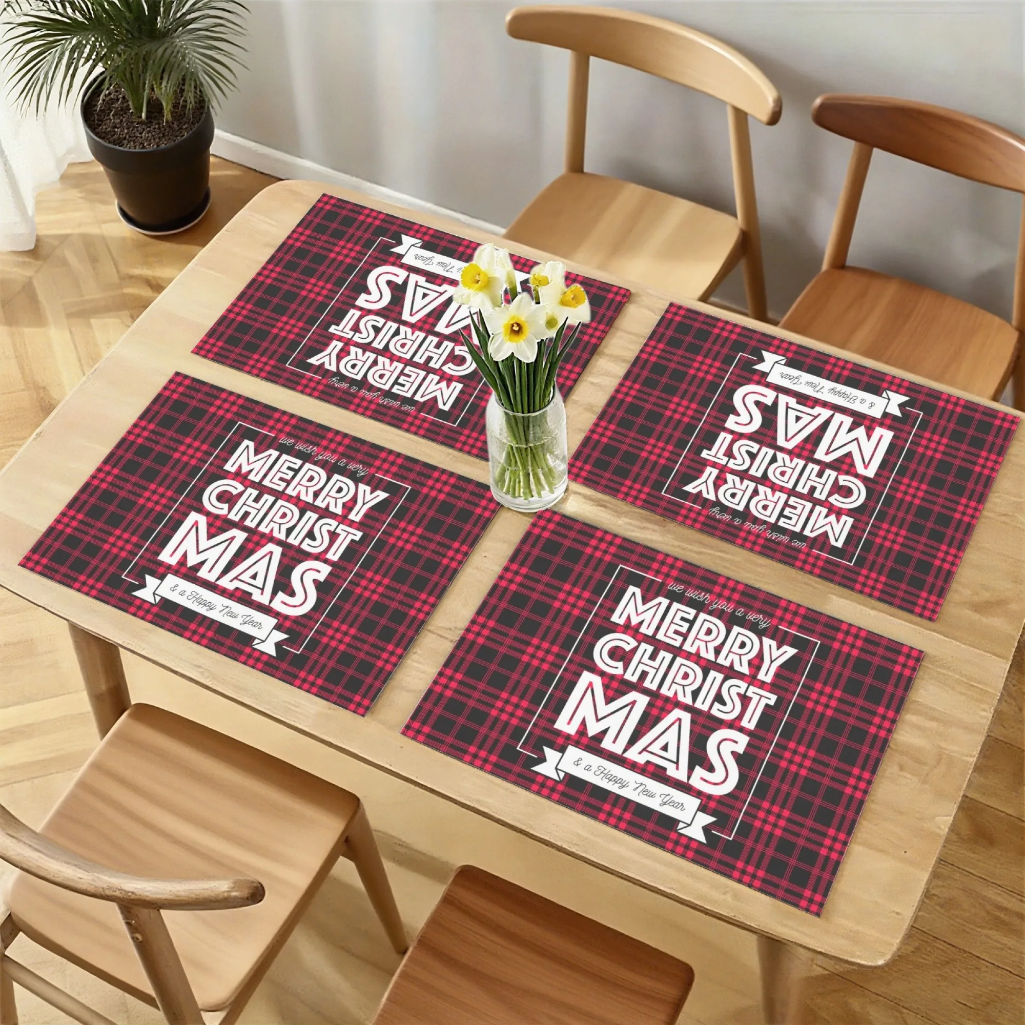 

Winter Christmas & New Year Themed Placemat Red-Black Plaid Dual Family Holiday Greeting for Seasonal Home Celebration Decor