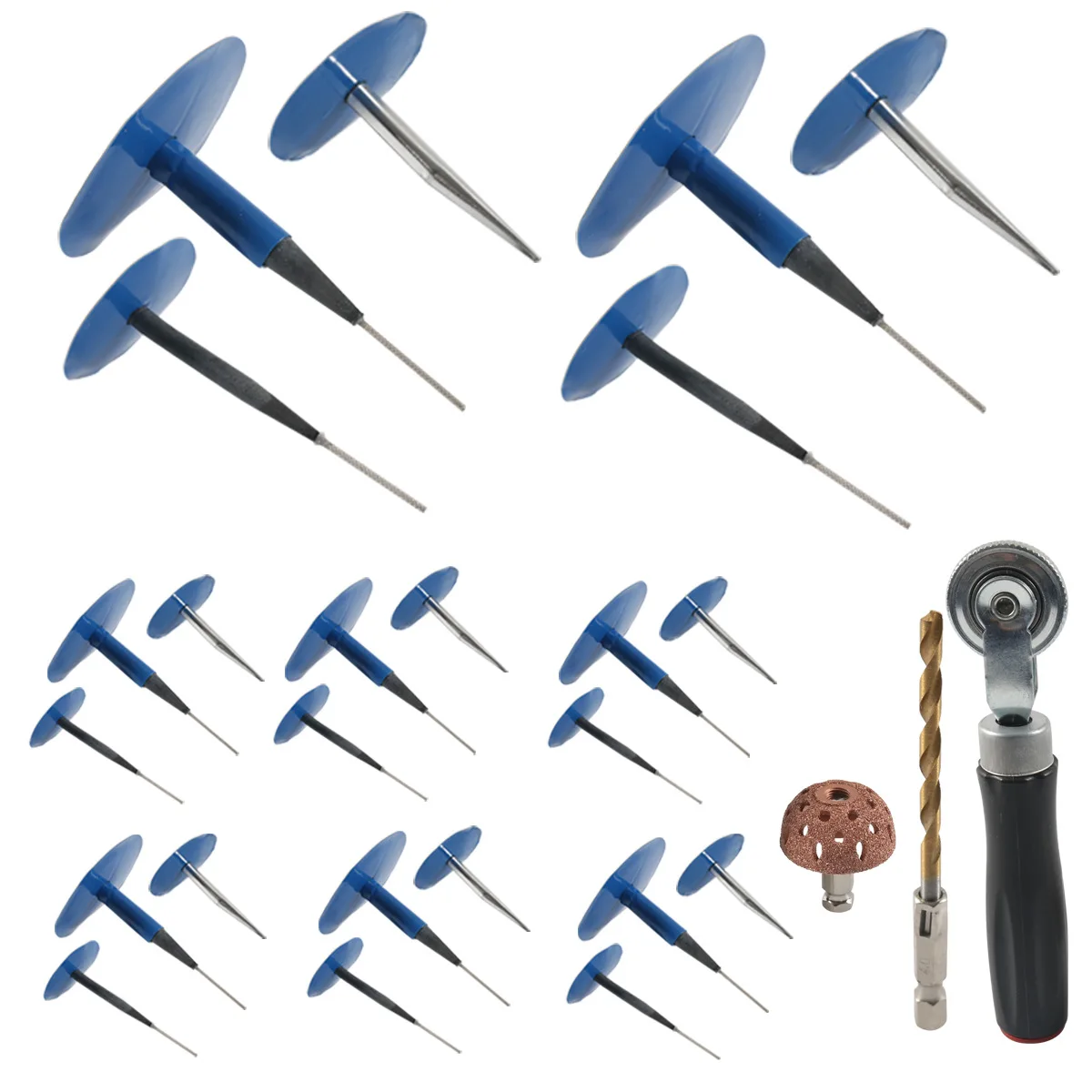 

24pcs Tire Repair Patch Tool Kit with Tungsten Buffing Wheel Tire Patch Roller Twist Drill Bits Auto Tire Fixing Equipment