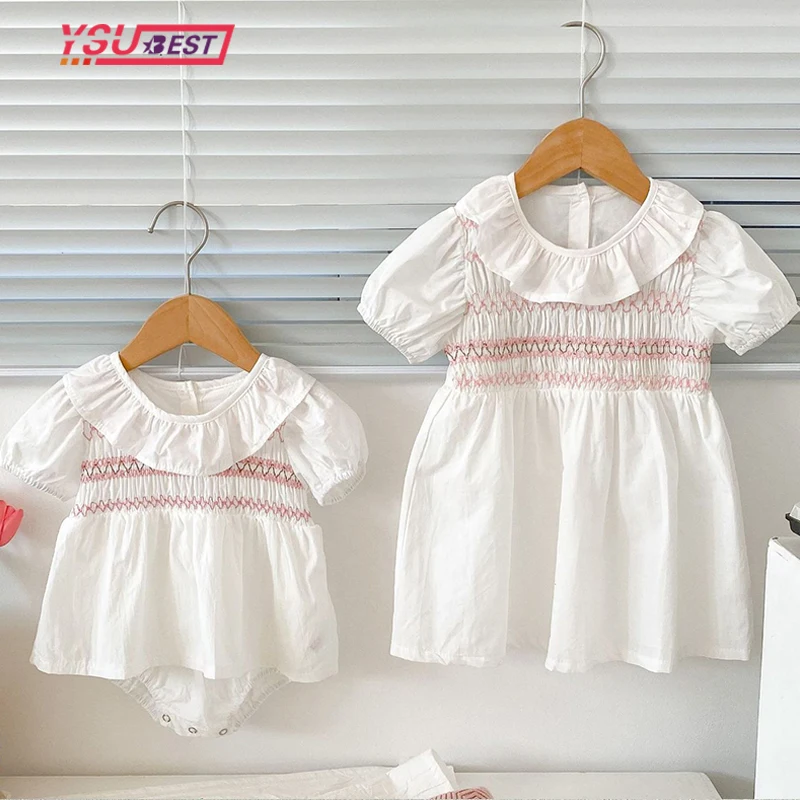 

Sisters Summer Ruffled Clothing Dress Family Matching Clothes Girl Short Sleeved Cotton Dress Baby Girl Bodysuit Sisters Look