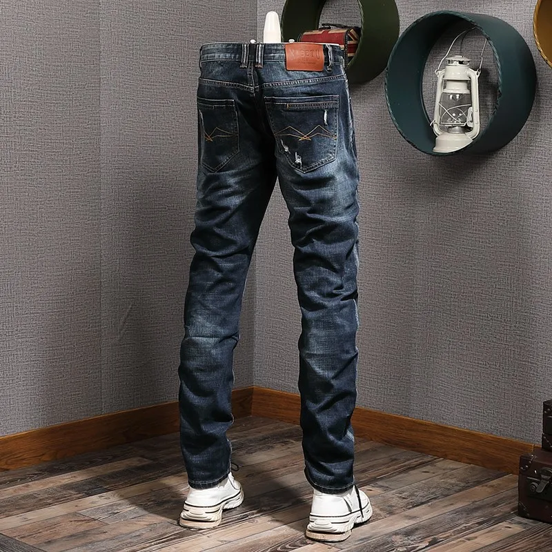 Fashion Designer Men Jeans Retro Black Blue Elastic Slim Fit Ripped Jeans Men Vintage Trousers Patched Casual Denim Pants Hombre
