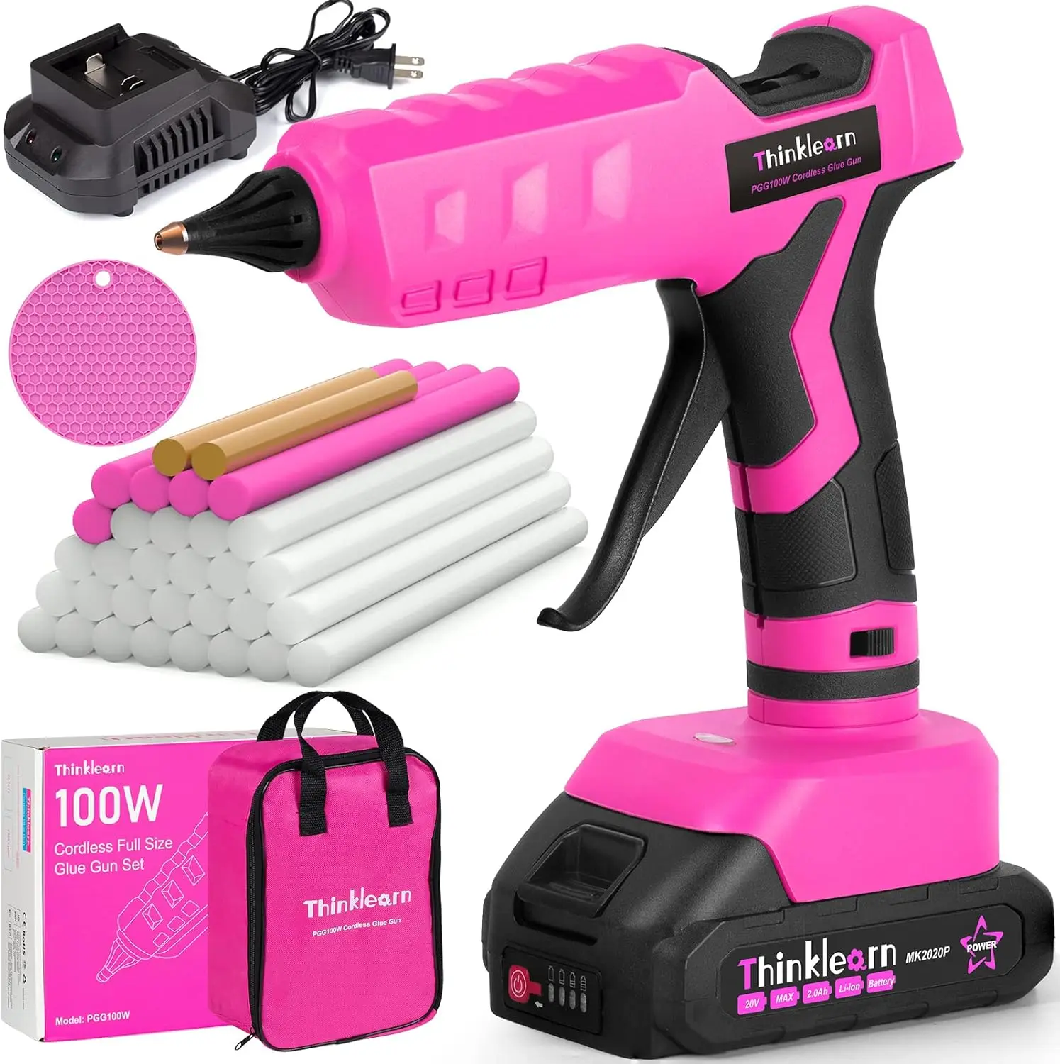 

Pink Cordless Hot Glue Gun Kit with 30 Glue Sticks, 2Ah Battery for DIY Crafts and Gifts