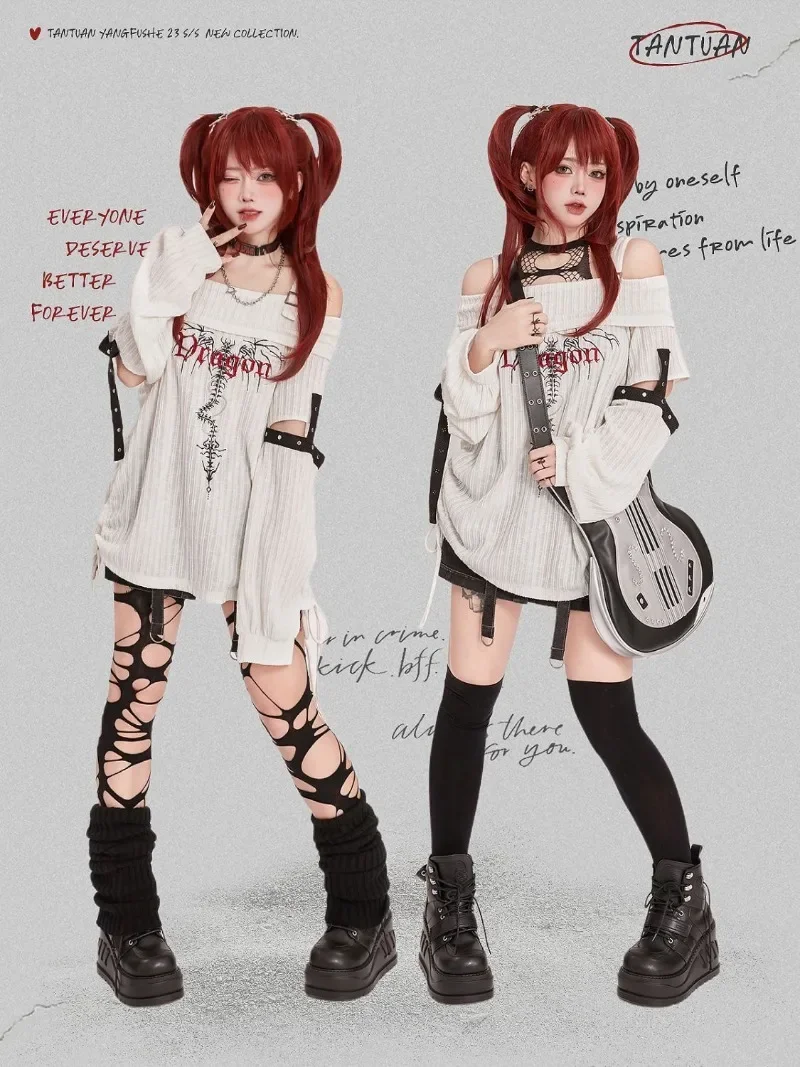 Graphic T Shirts Camisetas Black Subculture Skeleton Embroidery Rivet One Shoulder Knitted Sweater Y2K Top Sueter Mujer