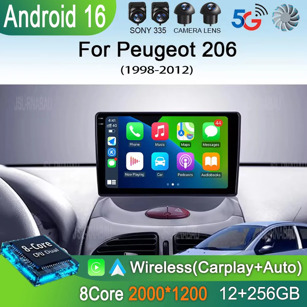 

QLED-экран Android 16 для Peugeot 206 1998-2012, мультимедийный автомобильный проигрыватель, автомагнитола, навигация, GPS, без 2DIN DVD, стереосистема