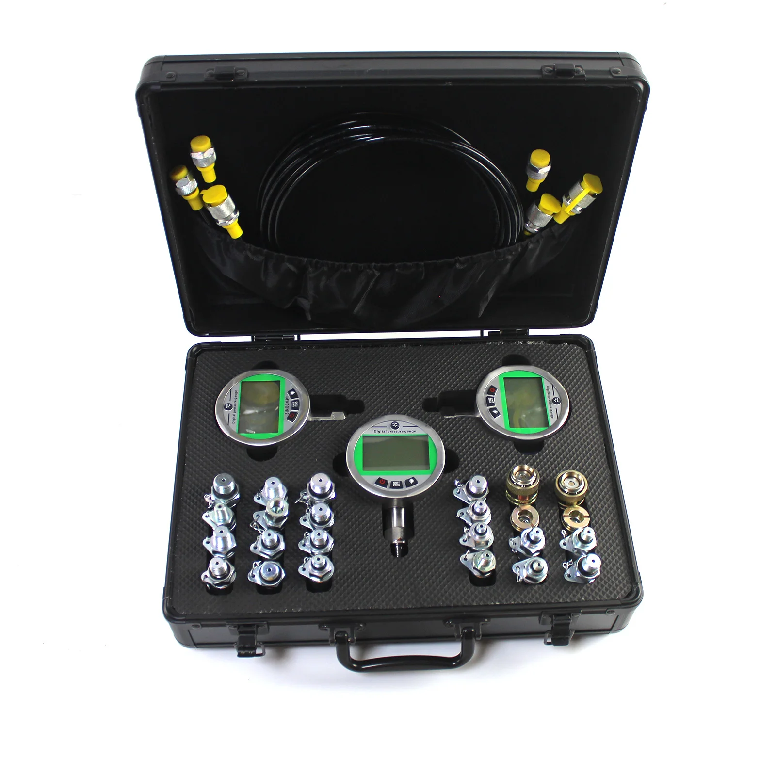 

Digital Pressure Gauge Test Kit for CAT Komatsu Case John Deere w/ 3 Gauges 3 Test Hoses and 24 Couplings 7Mpa/10000PSI