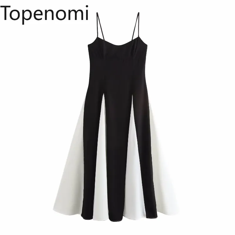 Topenomi Elegant Suspender Evening Dress Women Sexy Black and White Splicing Design Sleeveless Slim Pleated Dress Fashion Robe