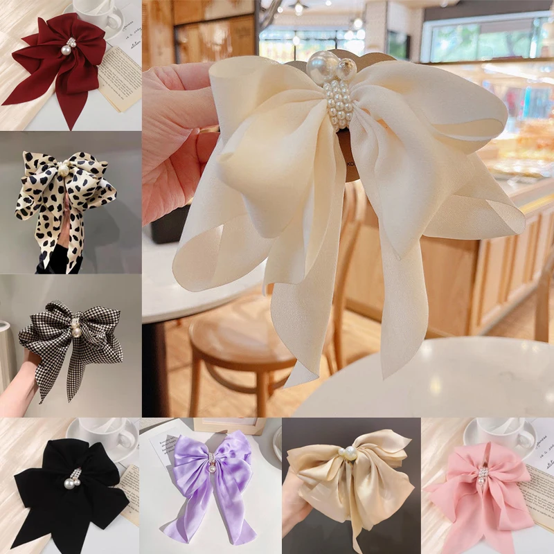 Elegant Bow Ribbon Hair Clip Fashion Simple Solid Satin Spring Clip Hair Pin Retro Headband with Clips Girls Hair Accessories