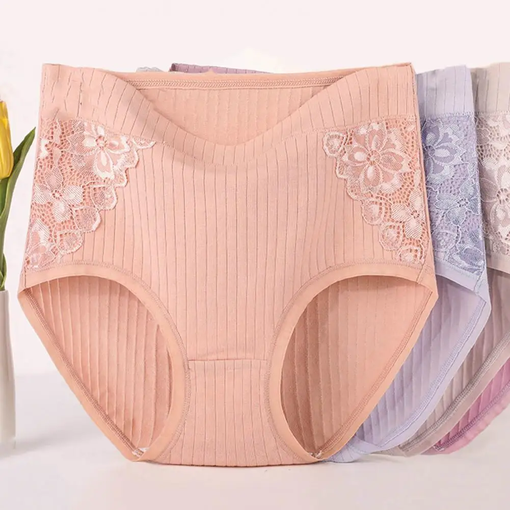 Women Underpants Lace Patchwork High Waist Solid Color Protective Soft Cotton Menstrual Period Women Briefs Underwear