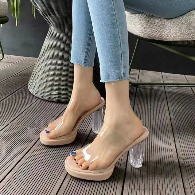 Summer High Heels Women Shoes Fashion Transparent Heels Sexy Hollow Breathable Slippers Square Toe Female Clear Heels Slides