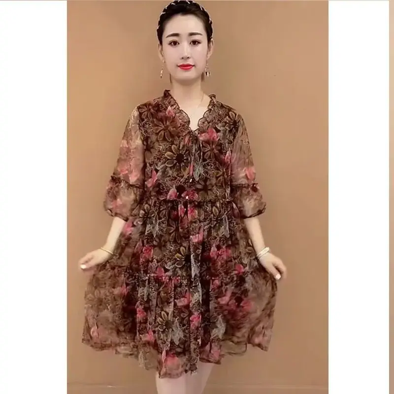 中年母 V ネックメッシュ花柄ドレス女性の気質ゆるいお腹と痩身ミッドスリーブ年齢軽減 A ラインスカート