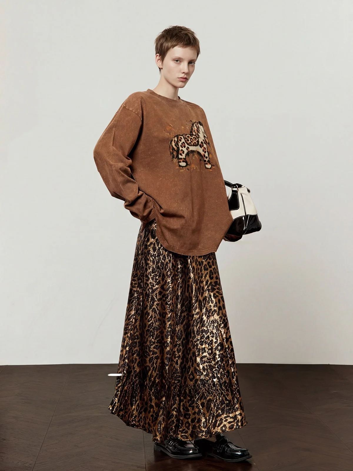 

Retro Leopard Print Loose Women's T-irt Trendy Slimming Top Versatile Spring Faionable Long Sve round Ne T-irt