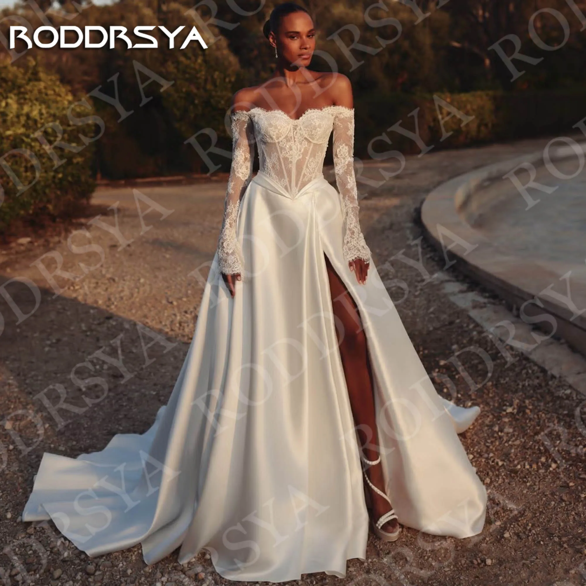 

RODDRSYA Off Shoulder A Line Wedding Dress Illusion Long Sleeves Woman Lace Satin Romantic High Slit Bridal Dresses Customized