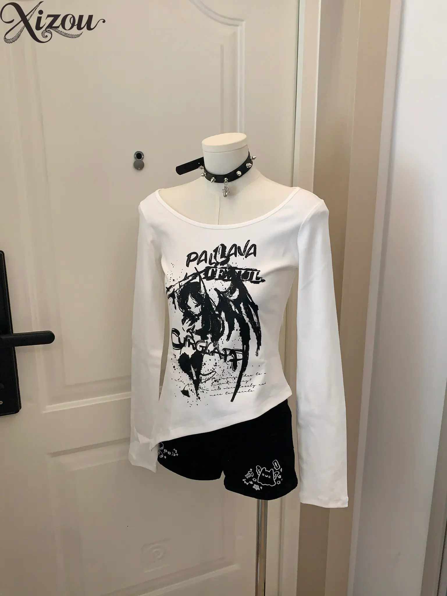 Women Dark Angel Grunge Print Slim Long Sleeve Top Irregular Hem Y2K Alt Kawaii Fall Basic Tee 2026 Spring Autumn Cool Sexy