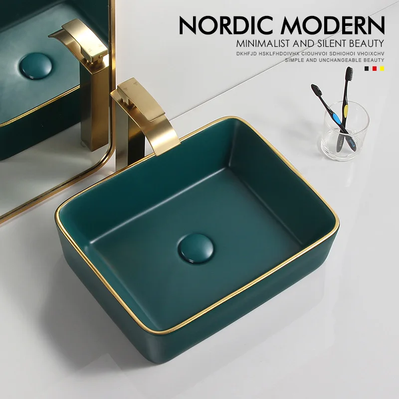 

Green Gold Fashion Nordic style wash basin Luxury ceramics hand basin Modern Perfect lavabo High Quality bathroom basin 600*340