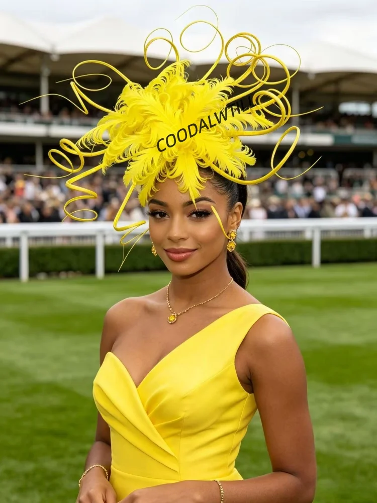 Yellow Feather Fascinator Headband Curly  Loops Headpiece Women Royal Ascot Race Day Hat Wedding Tea Party Hair Accessories