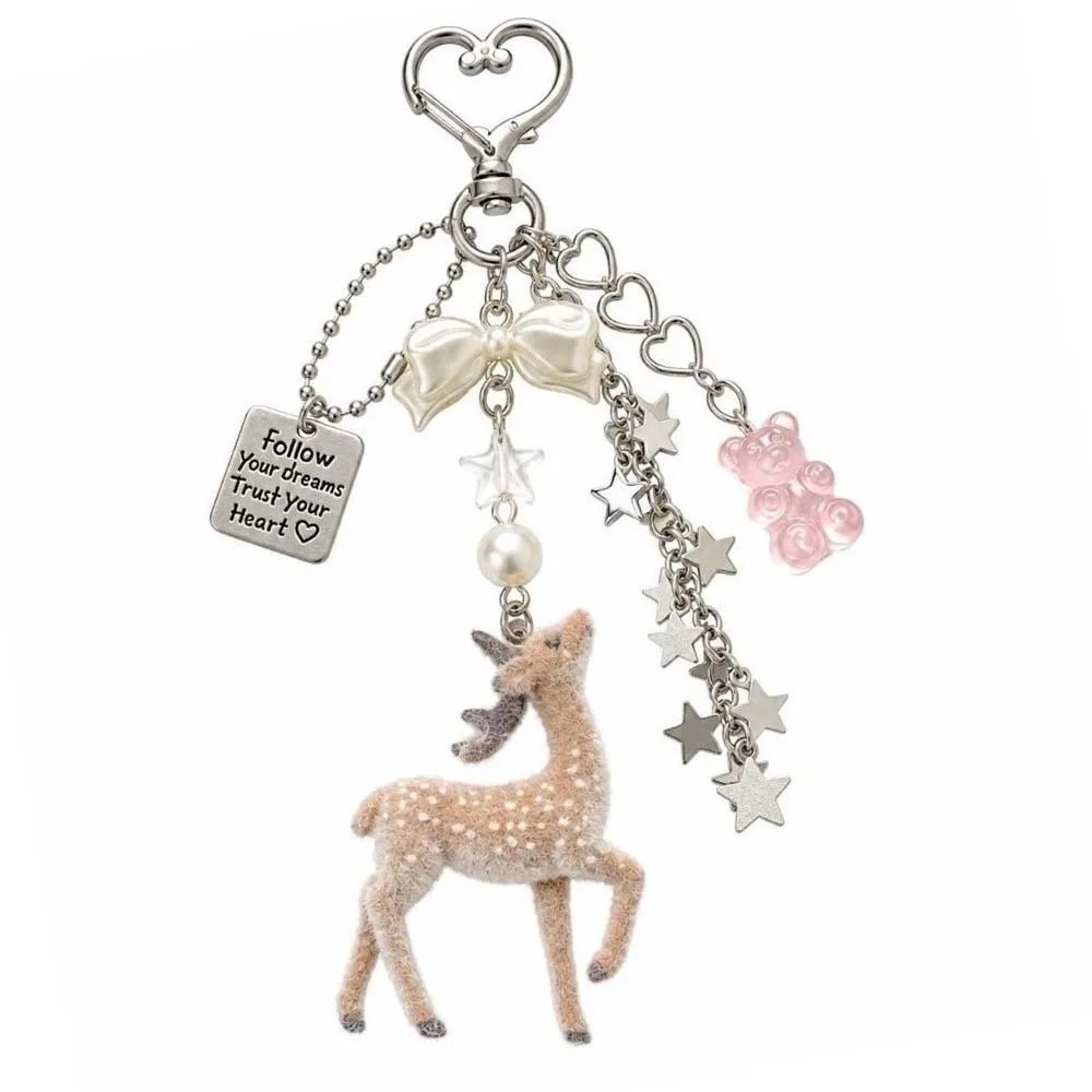Fawn Backpack Decor Flocked Deer Key Chain Miniature Handmade Animal Bag Charm Lightweight Aesthetic Beaded Key Ring Handbag