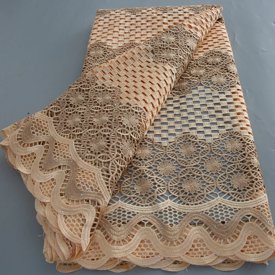 

Африканское гипюровое кружево цвета шампань с стразами, вышитое нигерийское сетчатое кружево для свадебного платья, 5 ярдов