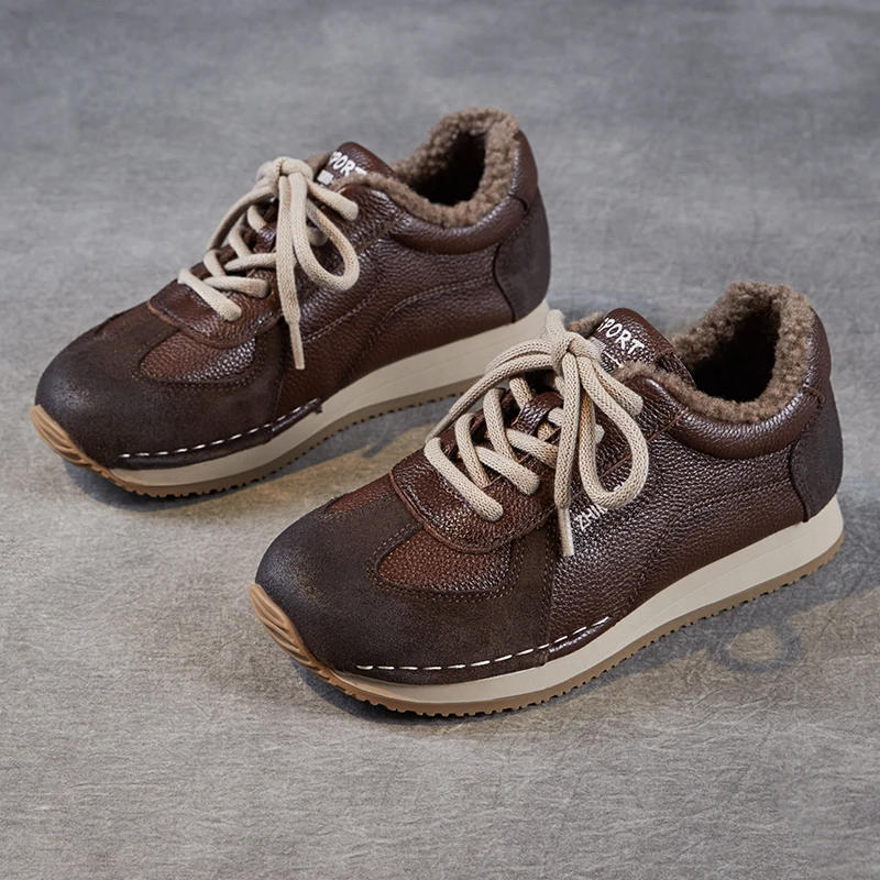 Women's Casual Cotton Shoes Warm Fleece Lined Top Layer Cowhide Deoxynucleotide Running Shoes Comfortable Breathable