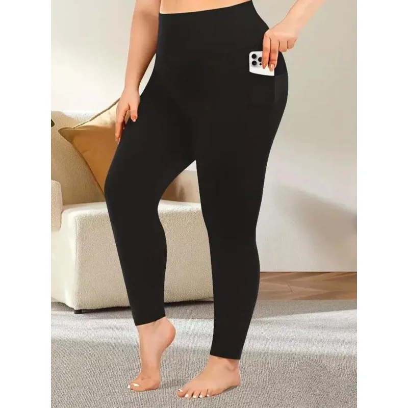 กางเกงเลกกิ้งลำลองเอวยางยืดสีพื้นสำหรับผู้หญิงไซส์ใหญ่ 1XL-5XL รุ่นใหม่ มีกระเป๋า เหมาะสำหรับออกกำลังกายและใส่ลำลอง