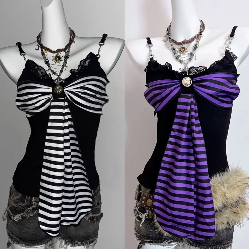 

Goth Punk Y2K Clothes 2000s Stripes Lace-up Large Bows Slim Tank Tops Design Tops Streetwear Sexy Camis T-shirts Cute Halter Top