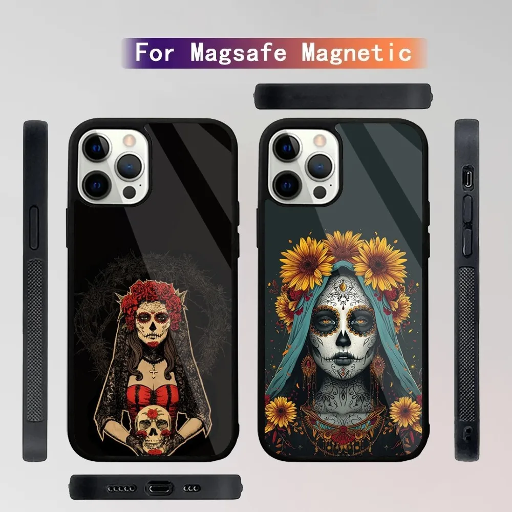 Mexican Catrina Skull Phone Case For iPhone 15,14,13,12,11,Plus,Pro,Max Mini Magsafe Magnetic Wireless Charging