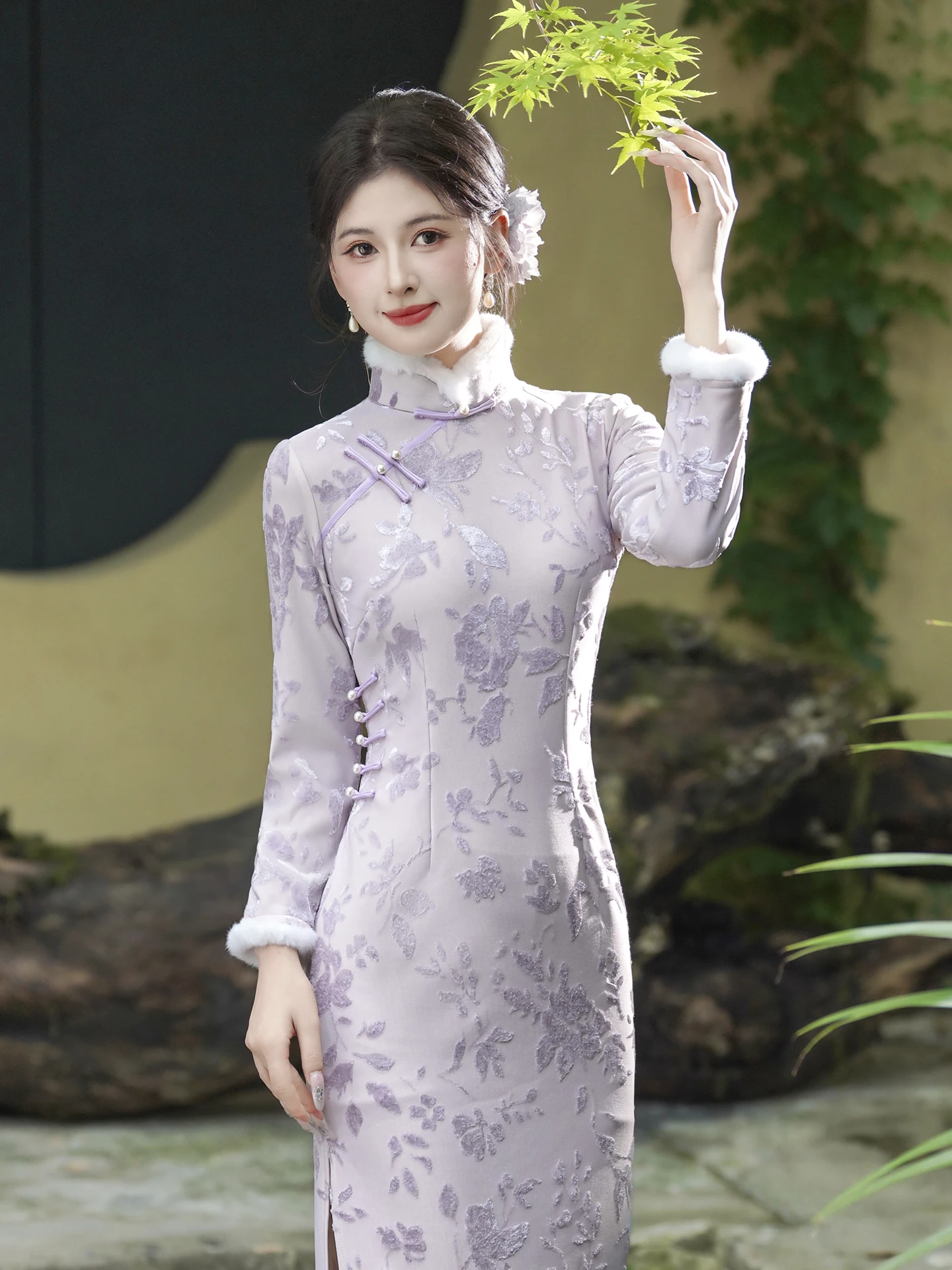 

Ele Floral Dr New Chinese Sle Autumn Winter Fce Lined Vintage Classical Temperament Girl Dr