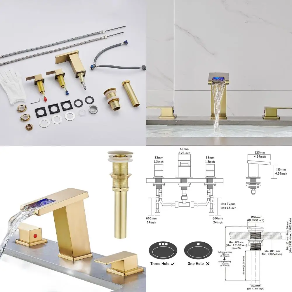 

8 Widespread Brushed Gold 3-Hole Modern Waterfall Bathroom Sink Faucet with Touch Controls