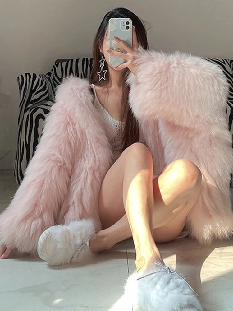 2023 Winter Shaggy Hairy Thick Warm Soft Faux Fur Jacket Women with Hooded Long Sleeve Loose Causal Fur Coat Designer Clothes