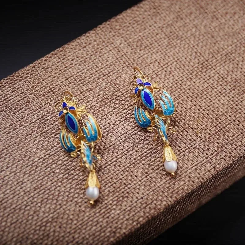 

Chinese Style Vintage Copper Alloy Freshwater Pearl Enamel Phoenix Earring for Women Party Hanfu Cheongsam Wedding Gift Jewelry