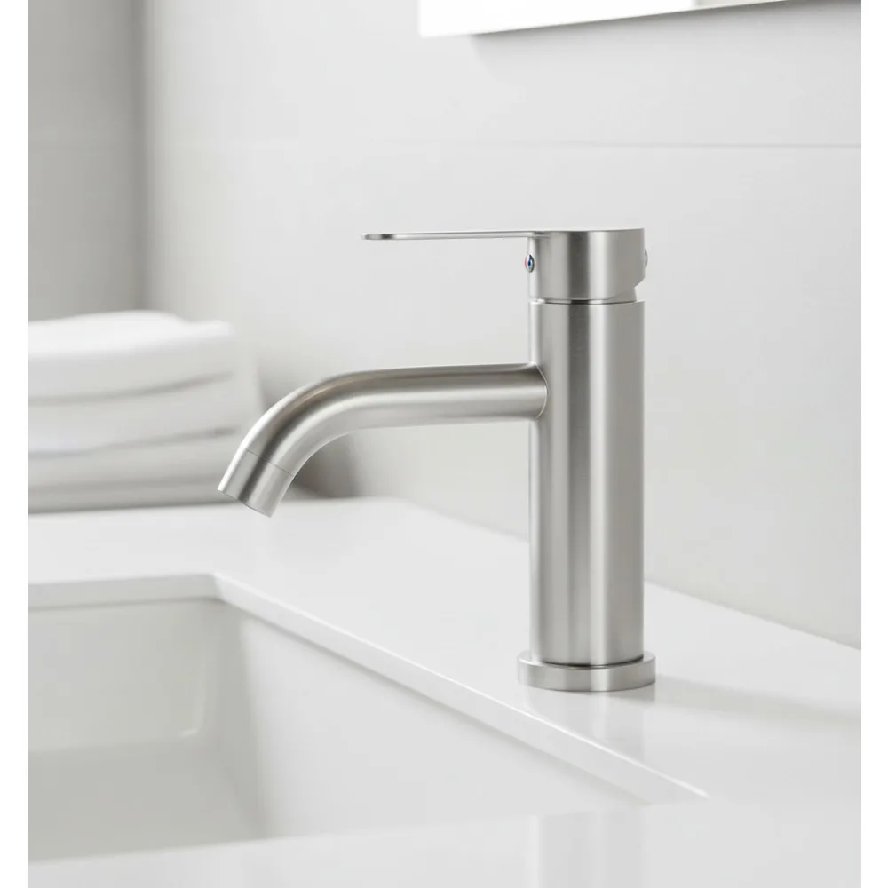 

Single Hole Bathroom Faucet Brushed Nickel Stainless Steel Basin Mixer Tap 1.2 GPM Modern Design