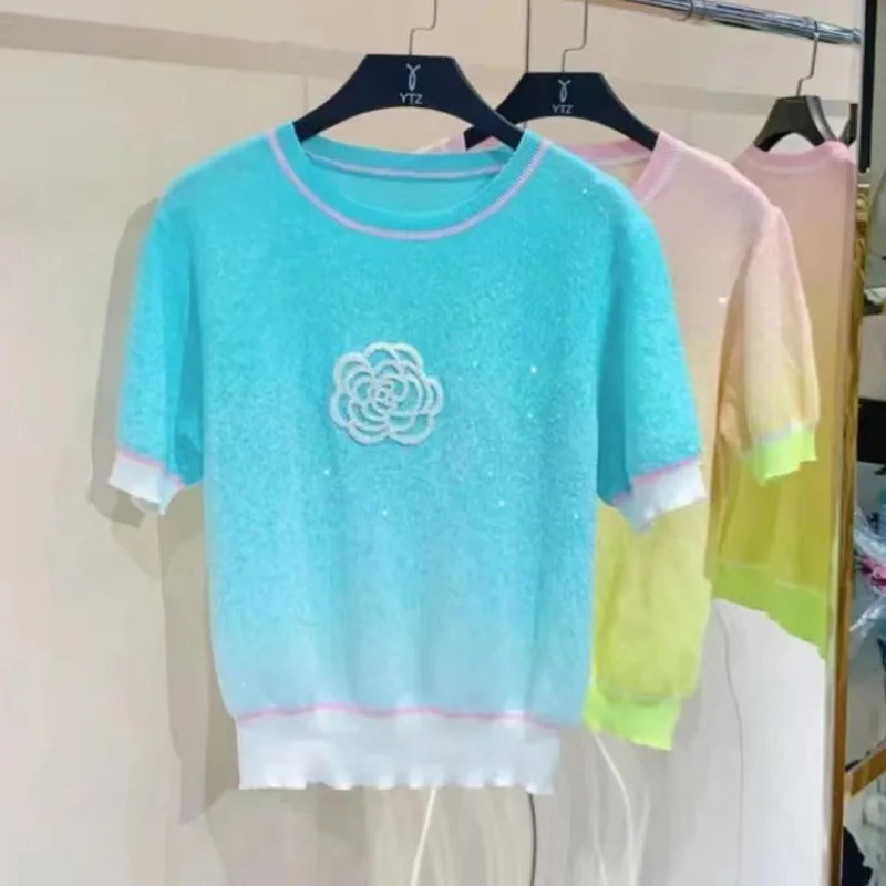 Summer Vintage Flower Knitted T-Shirts Women O-Neck Short Sleeve Casual Embroidery Hot Drill Knit Tees Korean Thin Ice Silk Tops