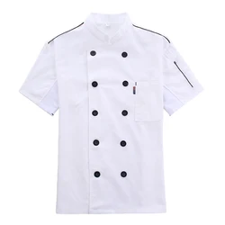 Chef Coat Short Sleeve with Buttons Pockets Cook Jacket Fashion Cooking Uniform Skin-friendly Summer Costume Black M