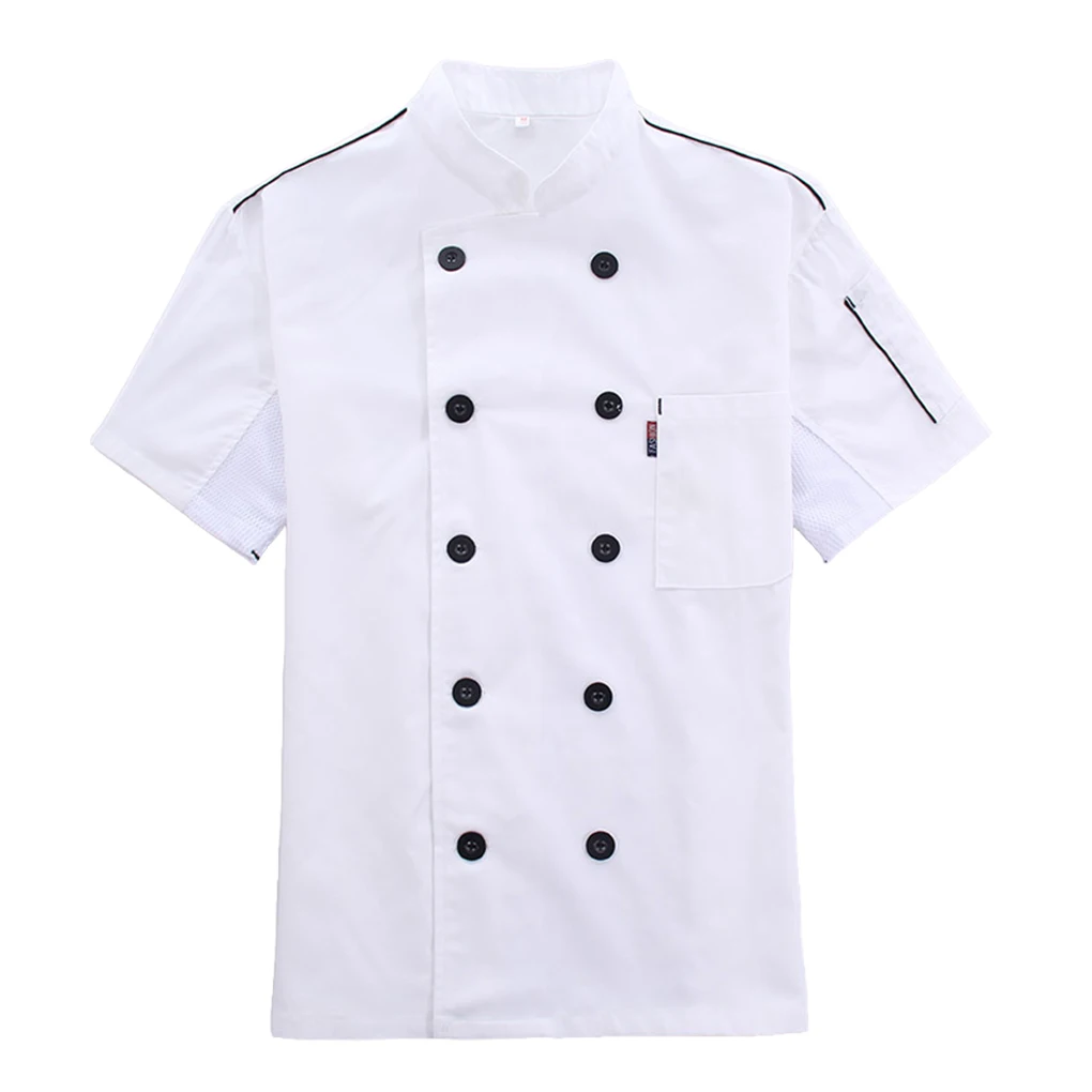 Chef Coat Short Sleeve with Buttons Pockets Cook Jacket Fashion Cooking Uniform Skin-friendly Summer Costume Black M