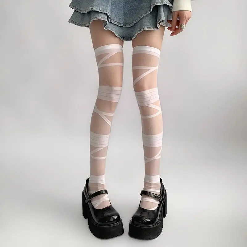 JK Sexy Bandage Stockings Women Ultra-thin Transparent Silk Lace Y2k Lolita Subculture Hottie Punk Thigh Over Knee High Sock 2pc