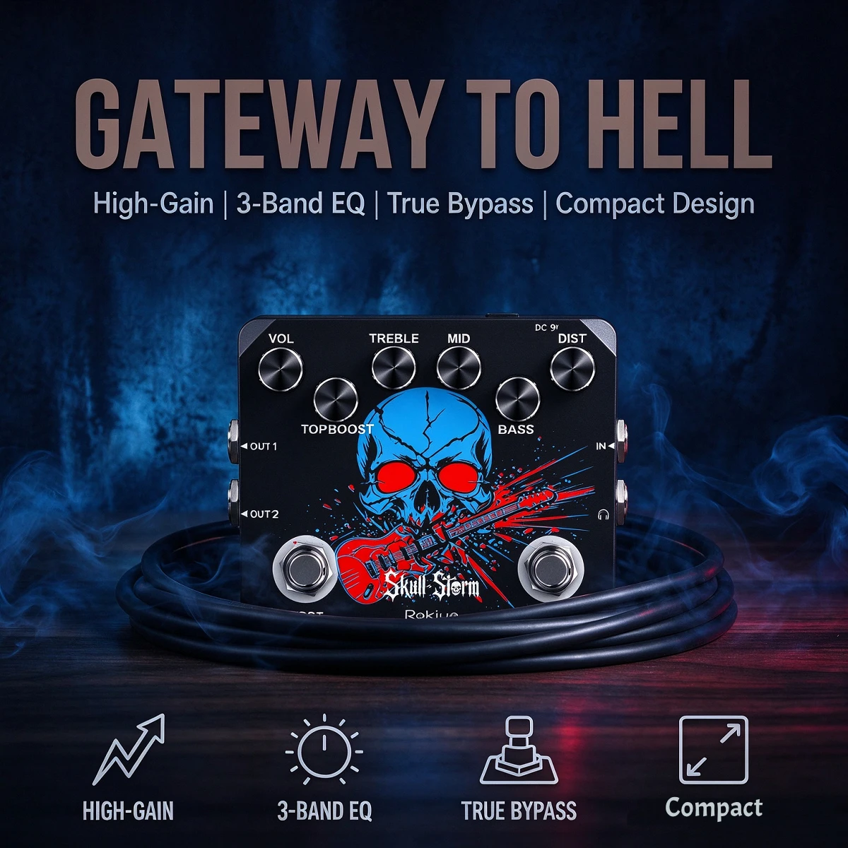 Rokiyo Electric Guitar Heavy Metal Distortion Pedal Skull Storm Classic 80s/90s Ultimate High-Gain Effect Crazy Dist Effector