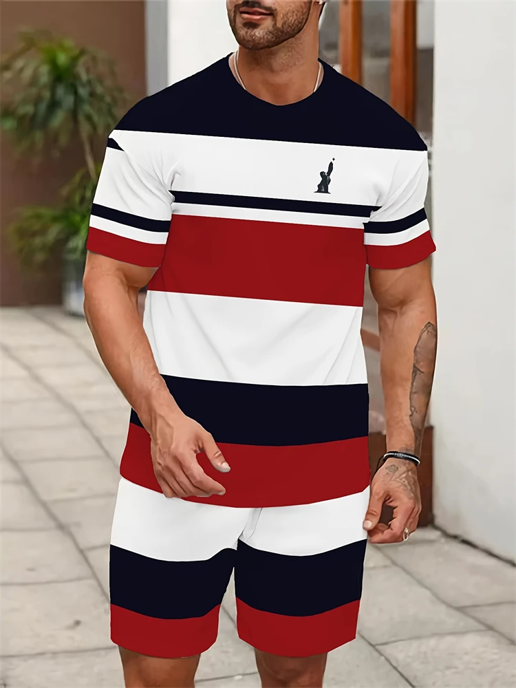 

Men's Summer New Short-sleeved Shorts Two-piece Set Striped Splicing Printing Suit Outdoor Sports Breathable Sportswear