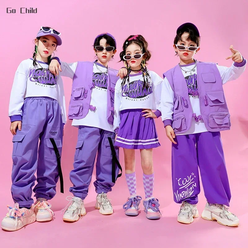 Hip Hop Girls Crop Top Skirts Purple Clothes Sets Boys Jazz Vest Sweatshirts Street Dance Cargo Pants Children Kids Streetwear