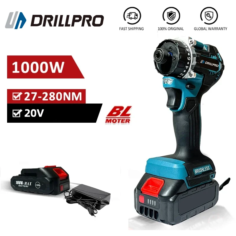 Drillpro Brushless Electric Impact Screwdriver 20+1 280N.m Rechargeable Cordless Electric Drill Screw Driver for Makita Battery