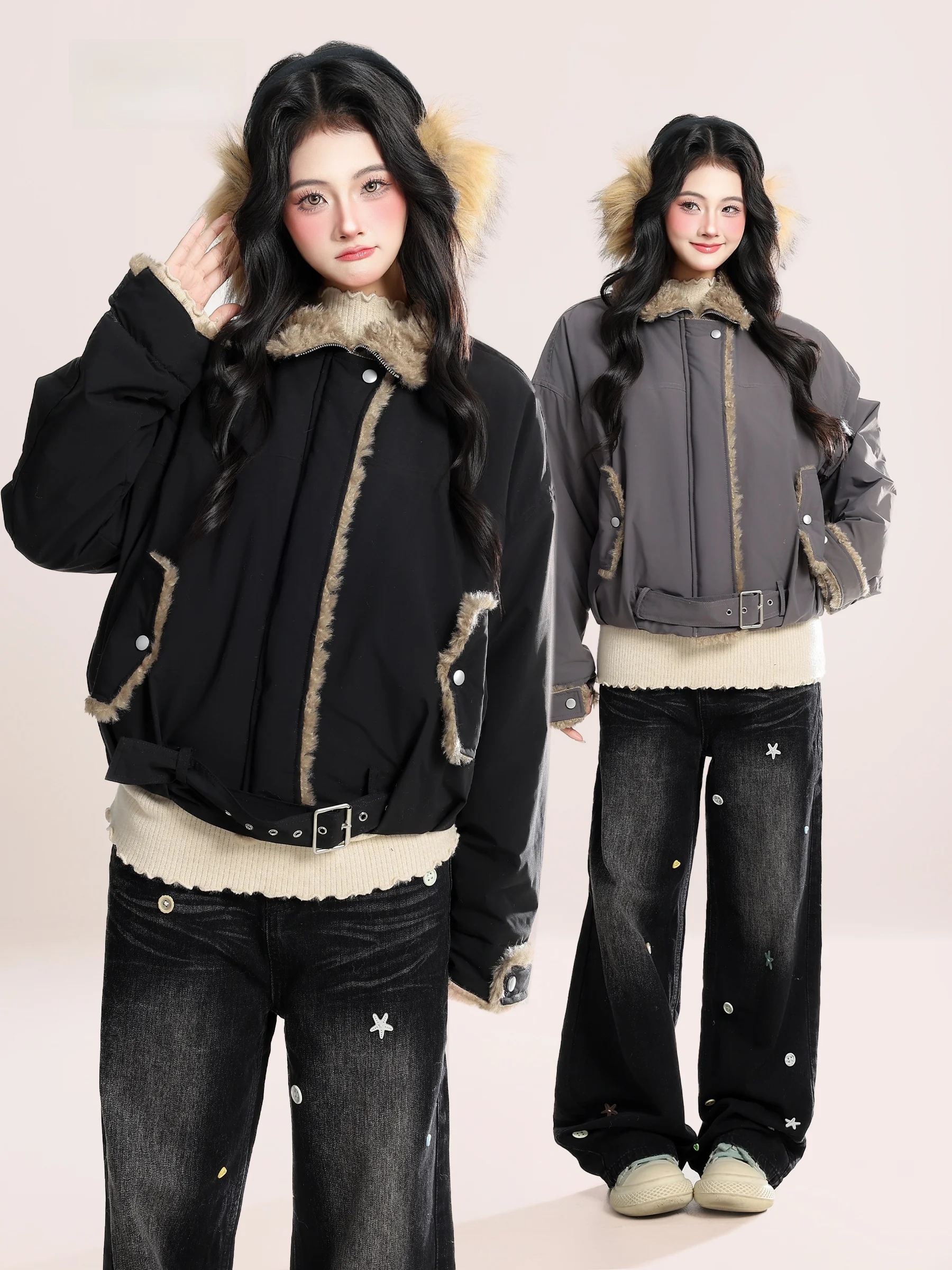

HM American Retro Lamb Velvet Jaet Women's Winter Thiened Parka Coat Stand Collar Casual Sle Long Sve Zipper Closure