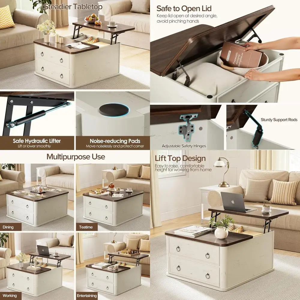 

31.5 Square Coffee Table with Storage, Rustic White and Walnut Finish, Hidden Compartment