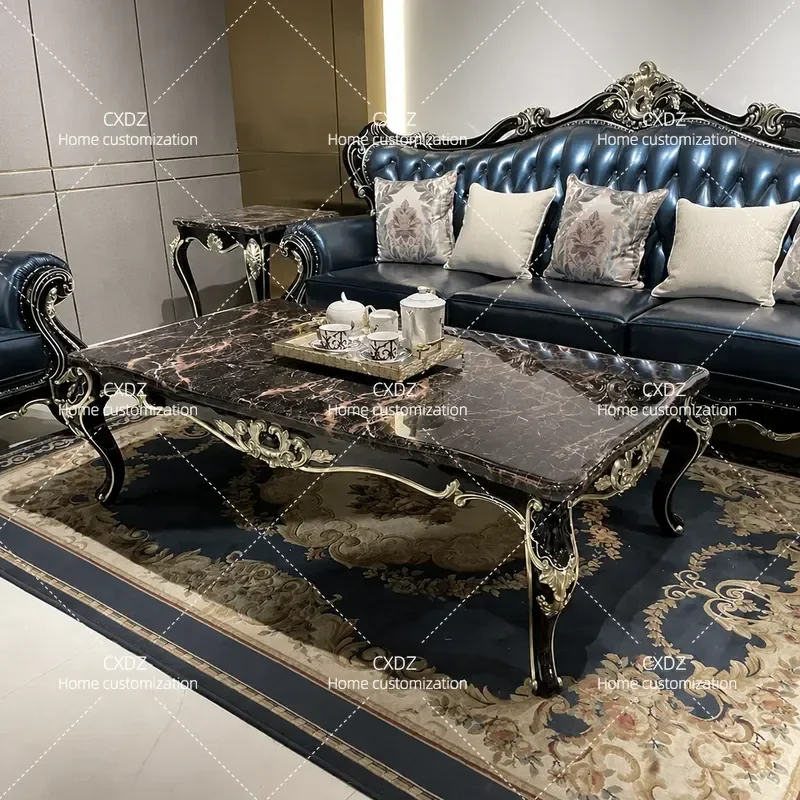 Solid Wood Large Coffee Table Rectangular Marble Top Tea Table for Living Room Small Apartment Neoclassical Style Furniture